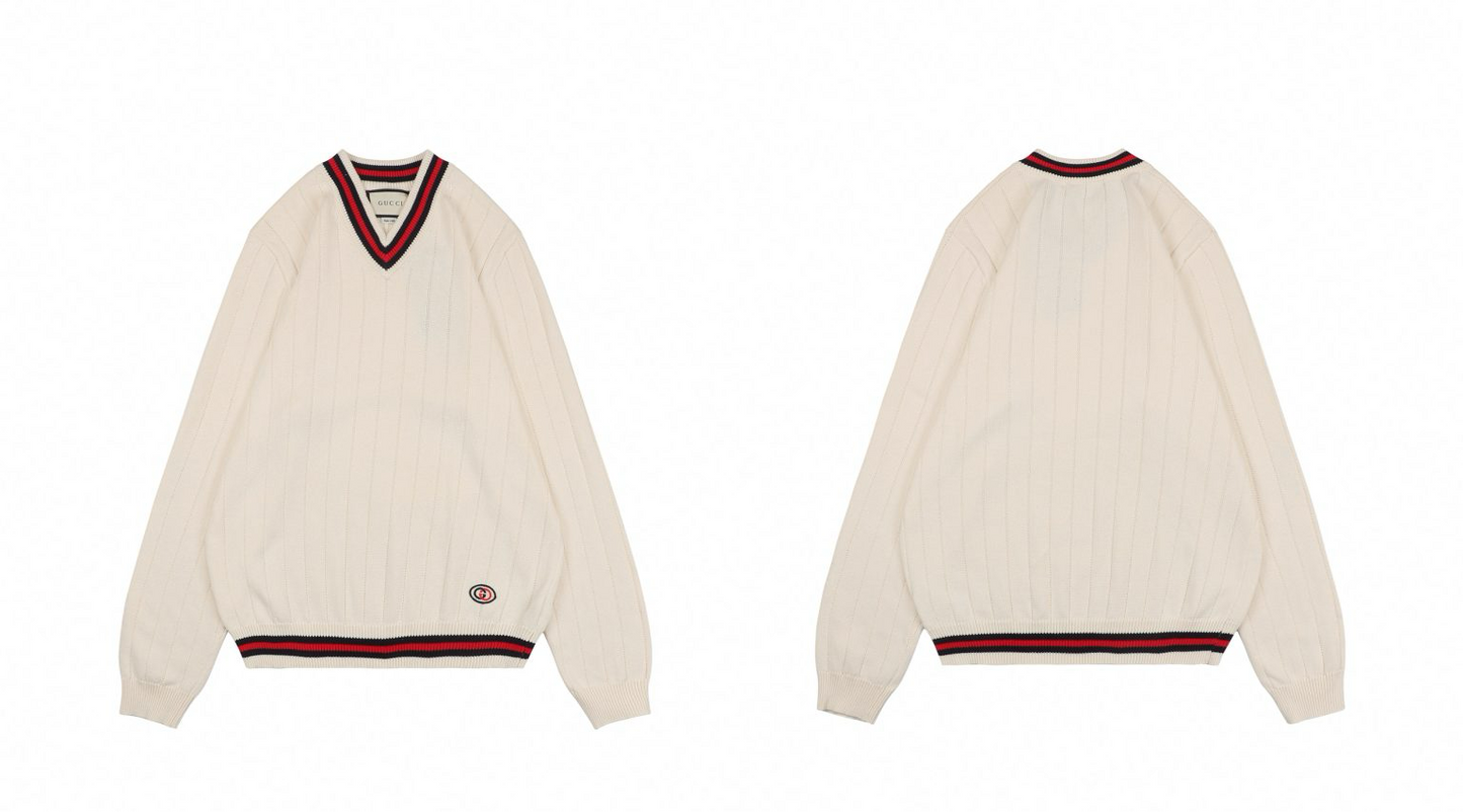 COTTON KNIT V-NECK SWEATER WITH WEB GUCCI